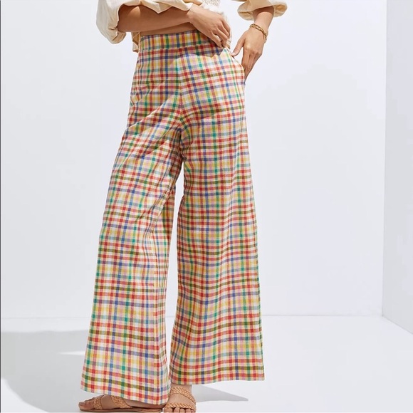 Eva Franco Anthropologie Linen Wide Leg Pants Rainbow Gingham Check Trousers - Picture 1 of 11